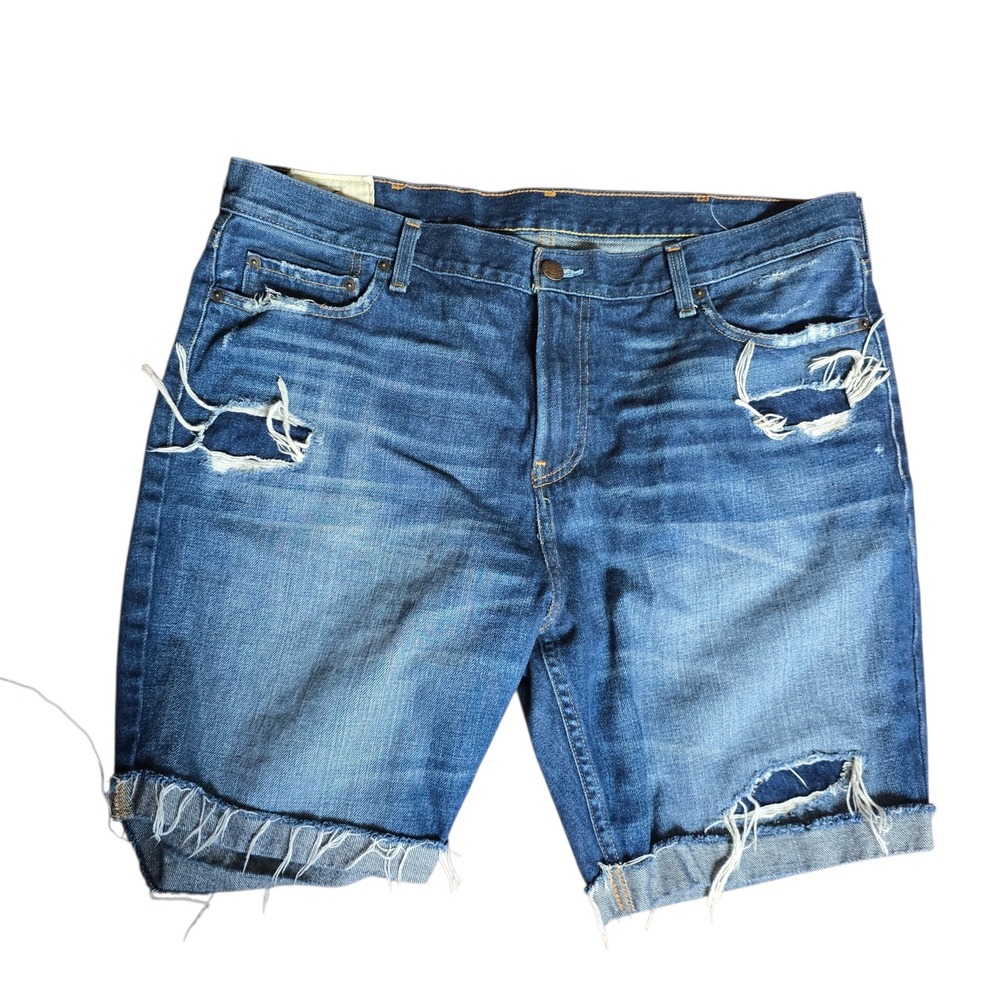 Hollister Mens Distressed Denim Shorts Blue Medium Wash Raw Hem Size 38 3E0977